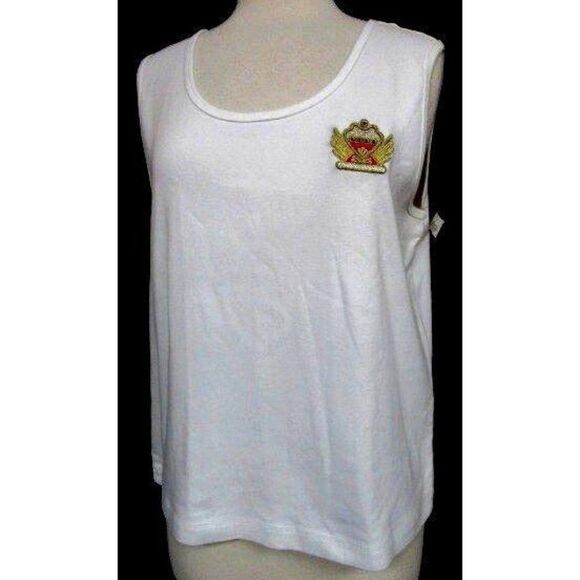 Debra DeRoo White Tank Top Sleeveless Scoop Neck Crest Applique Cotton XL NEW - Picture 1 of 7